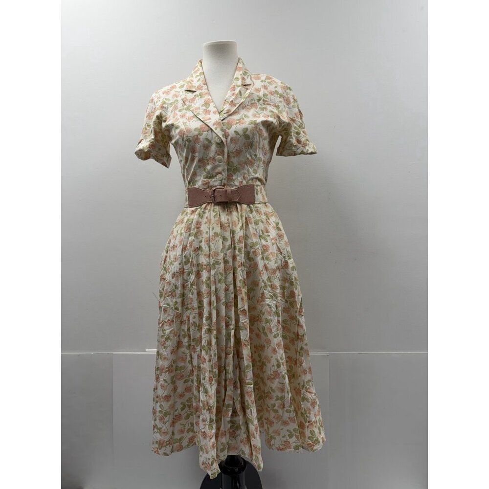 Katie vintage 1960s shirtwaist day dress pink green floral print Cotton USA Made - Picture 11 of 16